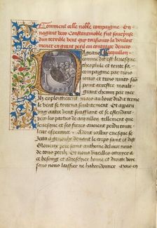 Initial N: Bishop Theophilus's Ship Blown Off Course and Bishop Theophilus in Prayer, about 1465-70. Creators: Master of the Brussels Romuléon, Workshop of the Master of the Brussels Romuléon
