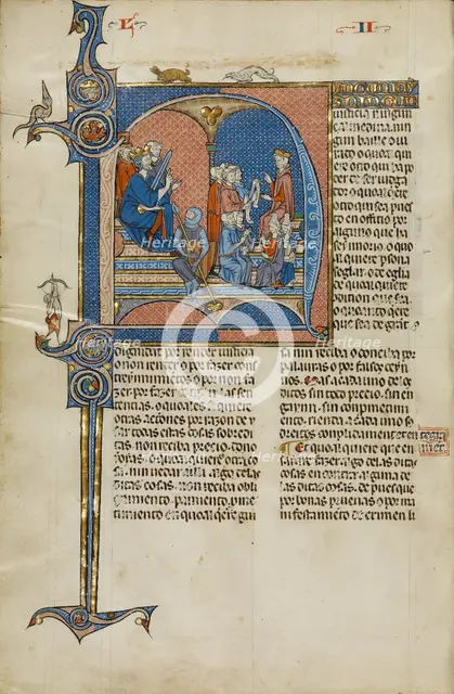 Initial N: King James I of Aragon Overseeing a Court of Law; Vidal Mayor, about 1290-1310. Creators: Unknown, Michael Lupi de Çandiu.