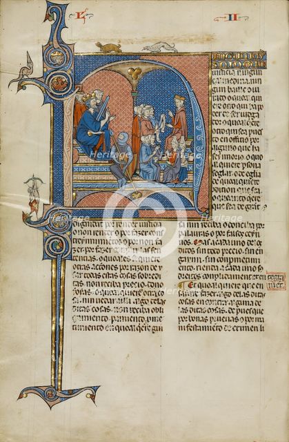 Initial N: King James I of Aragon Overseeing a Court of Law; Vidal Mayor, about 1290-1310. Creators: Unknown, Michael Lupi de Çandiu.
