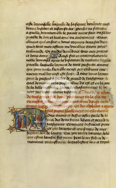 Initial N: Soldiers Dragging Gillion's Son Jean to Prison; Roman de Gillion de Trazegnies, 1464. Creators: Lieven van Lathem, David Aubert.