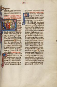 Initial N: Two Men before a Judge While a Third Man Builds a Mill; Vidal Mayor, about 1290-1310. Creator: Unknown