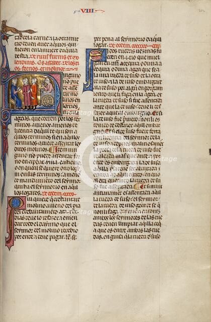 Initial N: Two Men before a Judge While a Third Man Builds a Mill; Vidal Mayor, about 1290-1310. Creator: Unknown.