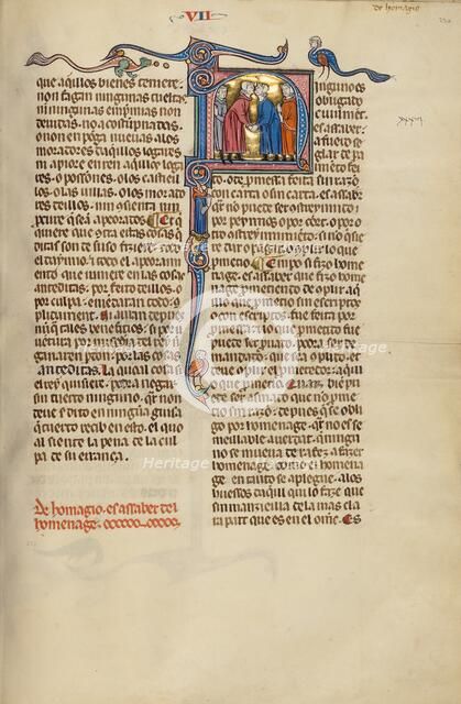 Initial N: Two Men Shaking Hands and Kissing; Vidal Mayor, about 1290-1310. Creator: Unknown.