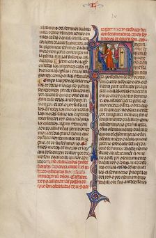Initial N: Two Men Standing before a Judge Emptying a Money Purse; Vidal Mayor, about 1290-1310. Creator: Unknown