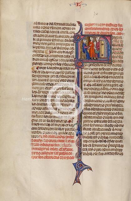 Initial N: Two Men Standing before a Judge Emptying a Money Purse; Vidal Mayor, about 1290-1310. Creator: Unknown.
