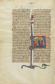 Initial N: Two Men with Lances Standing before Two Men; Vidal Mayor, about 1290-1310. Creator: Unknown