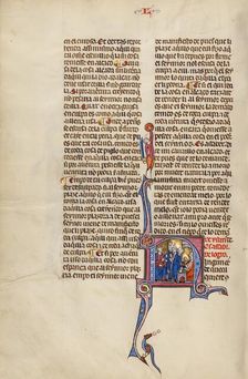 Initial N: Three Men Speaking before a King and Another Man Exchanging a Goblet..., about 1290-1310. Creator: Unknown