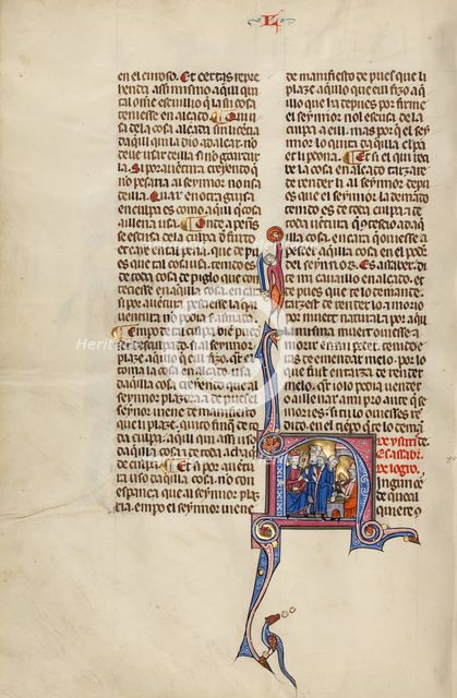 Initial N: Three Men Speaking before a King and Another Man Exchanging a Goblet..., about 1290-1310. Creator: Unknown.