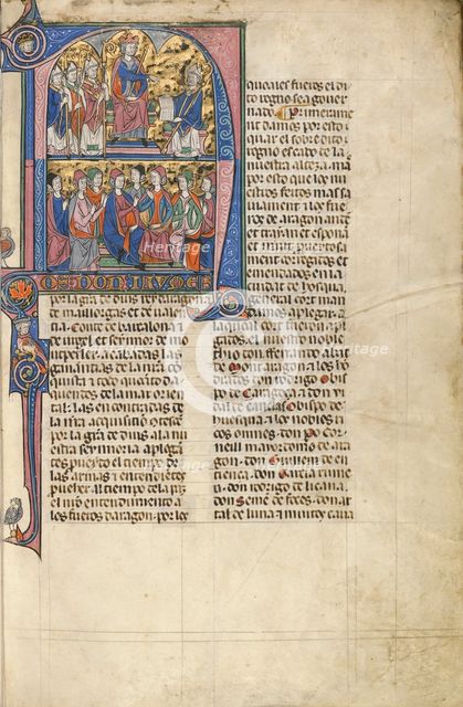 Initial N: Vidal de Canellas Offering His Text to King James; Vidal Mayor, about 1290-1310. Creator: Unknown.