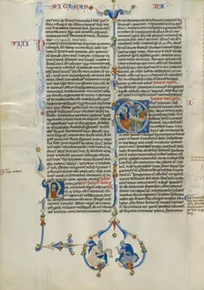 Initial O: Nahum Witnessing the Destruction of a City; Abbey Bible, about 1250-1262. Creator: Unknown
