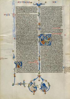 Initial O: Nahum Witnessing the Destruction of a City; Abbey Bible, about 1250-1262. Creator: Unknown