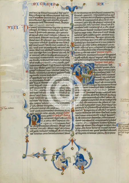 Initial O: Nahum Witnessing the Destruction of a City; Abbey Bible, about 1250-1262. Creator: Unknown.