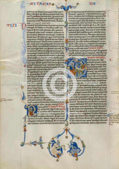 Initial O: Nahum Witnessing the Destruction of a City; Abbey Bible, about 1250-1262. Creator: Unknown.