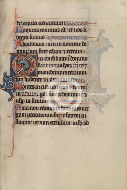 Initial O: A Man Holding a Sword and Pointing to His Eyes; Bute Psalter, about 1285. Creator: Bute Master.