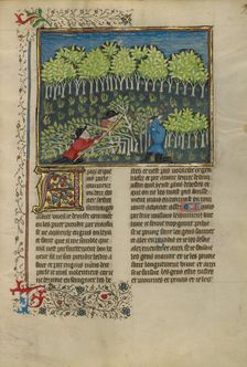 Initial O: A Man Holding a Sword and Pointing to His Eyes; Bute Psalter, about 1285. Creator: Bute Master