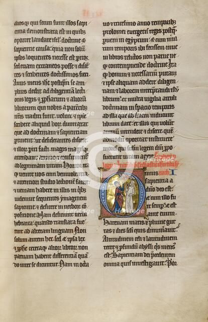 Initial O: A Prophet Instructing a Woman with a Mirror; Marquette Bible, about 1270. Creator: Unknown.