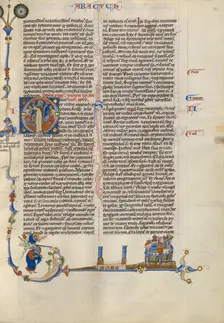 Initial O: A Woman Expostulating with Two Kings and Two Youths; Abbey Bible, about 1250-1262. Creator: Unknown