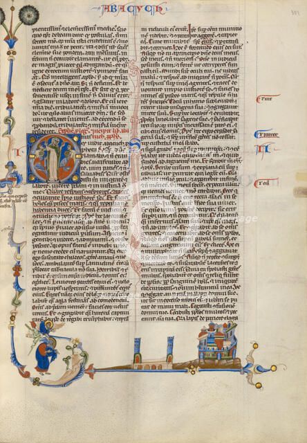 Initial O: A Woman Expostulating with Two Kings and Two Youths; Abbey Bible, about 1250-1262. Creator: Unknown.