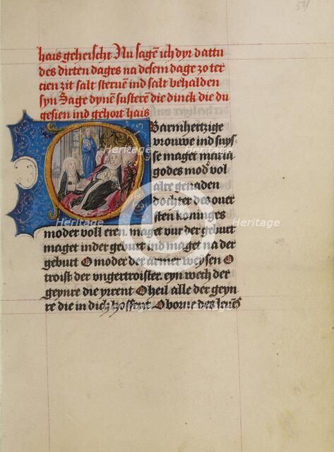 Initial O: A Woman on her Deathbed with the Virgin and Child and Devils; Book of Hours, about 1500. Creator: Workshop of Gerard Horenbout.