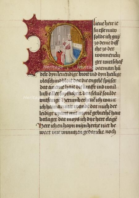 Initial O: A Woman Receiving Communion; Book of Hours, about 1500. Creator: Workshop of Gerard Horenbout.
