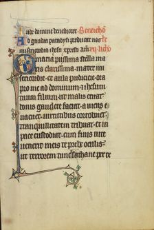 Initial O: A Young Man and a Devil before the Virgin and Child; Ruskin Hours, about 1300. Creator: Unknown