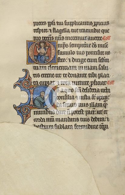 Initial O: Christ Enthroned with His Hands Raised: Initial D: A Semi-Prostrate..., about 1285. Creator: Bute Master.