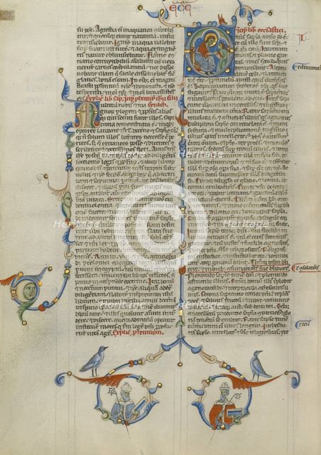 Initial O: Christ Giving a Book to a Man; Abbey Bible, about 1250-1262. Creator: Unknown.