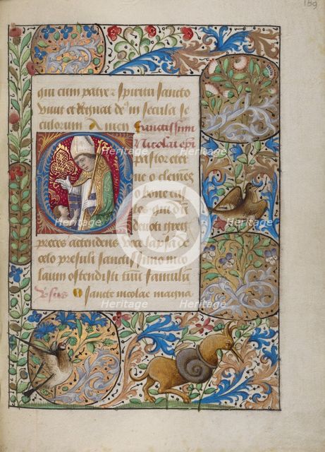 Initial O: Saint Nicholas Blessing a Child; Book of Hours, about 1480-1490. Creator: Georges Trubert.