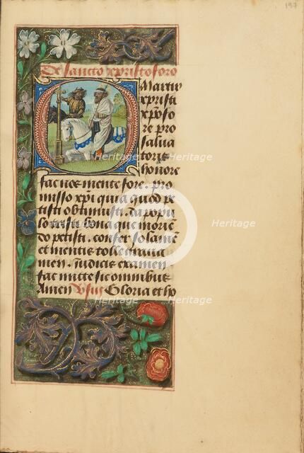 Initial O: Saint Christopher; Crohin-La Fontaine Hours, (about 1480-1485?). Creators: Master of the Dresden Prayer Book, Workshop of the Master of the Dresden Prayer Book.