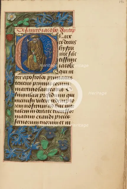 Initial O: Saint James the Greater; Crohin-La Fontaine Hours, (about 1480-1485?). Creators: Master of the Dresden Prayer Book, Workshop of the Master of the Dresden Prayer Book.