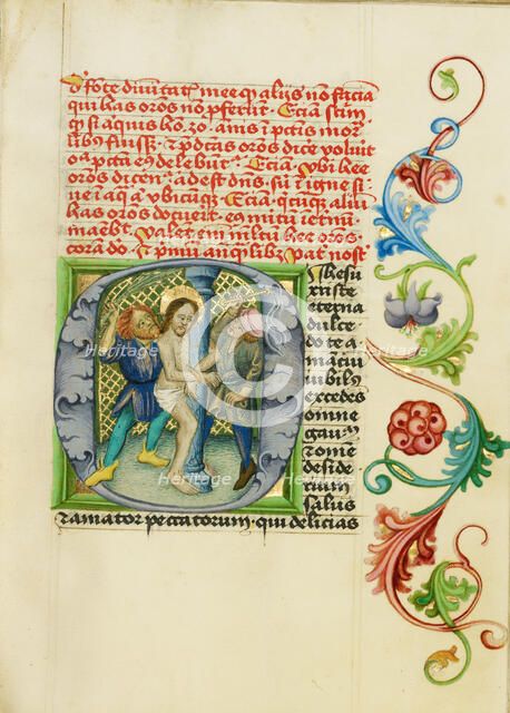 Initial O: The Flagellation; Prayer Book, about 1470-1480. Creator: Workshop of Valentine Noh.