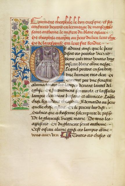 Initial O: The Miracle of the Birds above the Hermitage Altar, about 1465-1470. Creators: Master of the Brussels Romuléon, Workshop of the Master of the Brussels Romuléon.