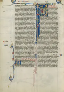 Initial P: A Crowd Fleeing from Demon-Possessed Men; Abbey Bible, about 1250-1262. Creator: Unknown