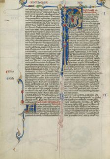 Initial P: A Crowd Fleeing from Demon-Possessed Men; Abbey Bible, about 1250-1262. Creator: Unknown