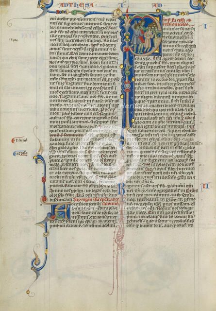 Initial P: A Crowd Fleeing from Demon-Possessed Men; Abbey Bible, about 1250-1262. Creator: Unknown.