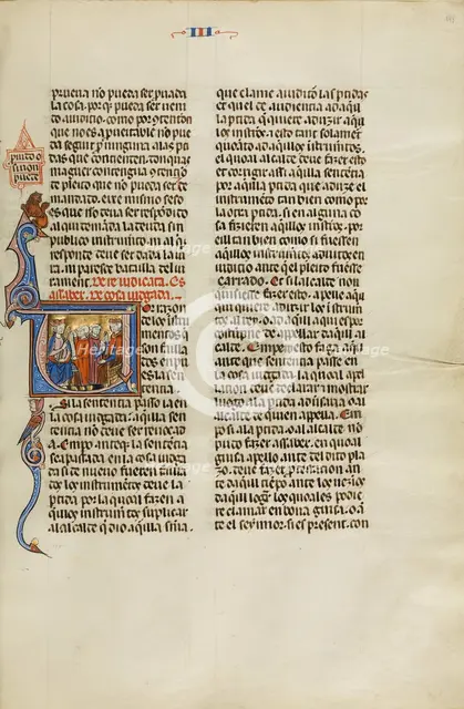 Initial P: A King and a Judge Speaking to Two Men; Vidal Mayor, about 1290-1310. Creator: Unknown.