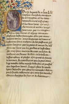 Initial P: A Madman Healed After Touching the Body of Saint Anthony, about 1465-1470. Creators: Master of the Brussels Romuléon, Workshop of the Master of the Brussels Romuléon