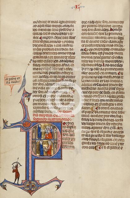 Initial P: A Man Speaking to Four Youths and A Man Placing a Ring on a Woman's Hand, about 1290-1310 Creator: Unknown.