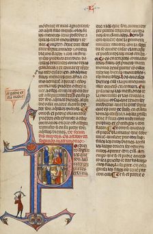 Initial P: A Man Speaking to Four Youths and A Man Placing a Ring on a Woman's Hand, about 1290-1310 Creator: Unknown