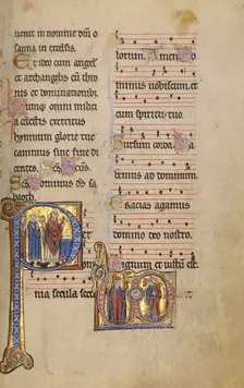 Initial P: A Priest and Two Deacons before an Altar: Monogram VD..., between 1234 and 1262. Creator: Unknown