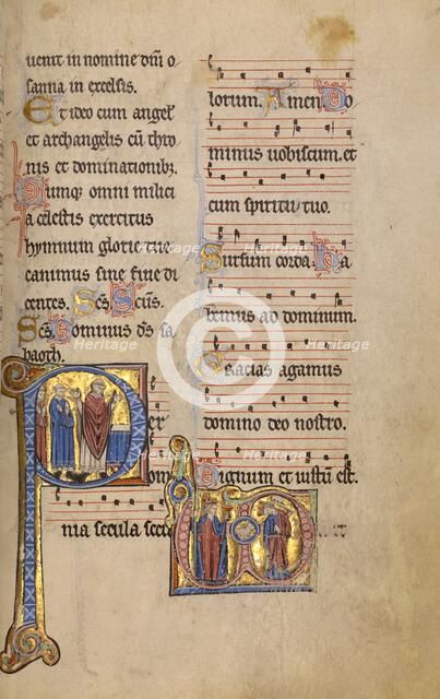 Initial P: A Priest and Two Deacons before an Altar: Monogram VD..., between 1234 and 1262. Creator: Unknown.