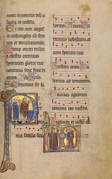 Initial P: A Priest and Two Deacons before an Altar: Monogram VD..., between 1234 and 1262. Creator: Unknown