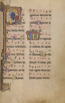 Initial P: A Priest and a Ministrant before an Altar; Missal, begun after 1234-completed before 1262 Creator: Unknown
