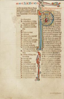 Initial P: Alexander the Great Carried Aloft by Griffins; Historia Scholastica, about 1300. Creator: Unknown