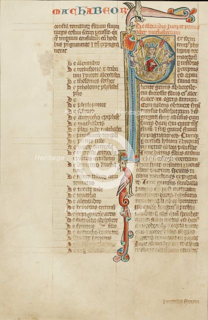 Initial P: Alexander the Great Carried Aloft by Griffins; Historia Scholastica, about 1300. Creator: Unknown.