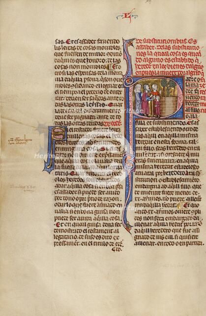 Initial P: An Older Man Meeting a Couple and a Child; Vidal Mayor, about 1290-1310. Creator: Unknown.