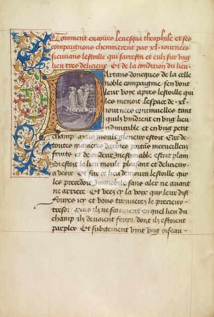 Initial P: Bishop Theophilus and His Companions Following a Star for Forty Days, about 1465-1470. Creators: Master of the Brussels Romuléon, Workshop of the Master of the Brussels Romuléon.