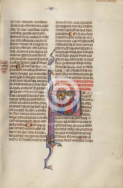 Initial P: Four Men before a King; Vidal Mayor, about 1290-1310. Creator: Unknown.