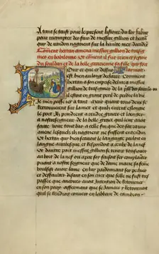 Initial P: Gillion Embracing the Sultan's Daughter Gracienne; Roman de Gillion de Trazegnies, 1464. Creators: Lieven van Lathem, David Aubert