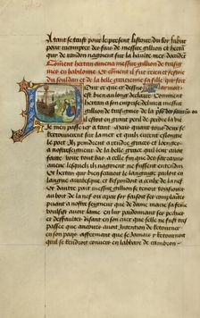 Initial P: Gillion Embracing the Sultan's Daughter Gracienne; Roman de Gillion de Trazegnies, 1464. Creators: Lieven van Lathem, David Aubert
